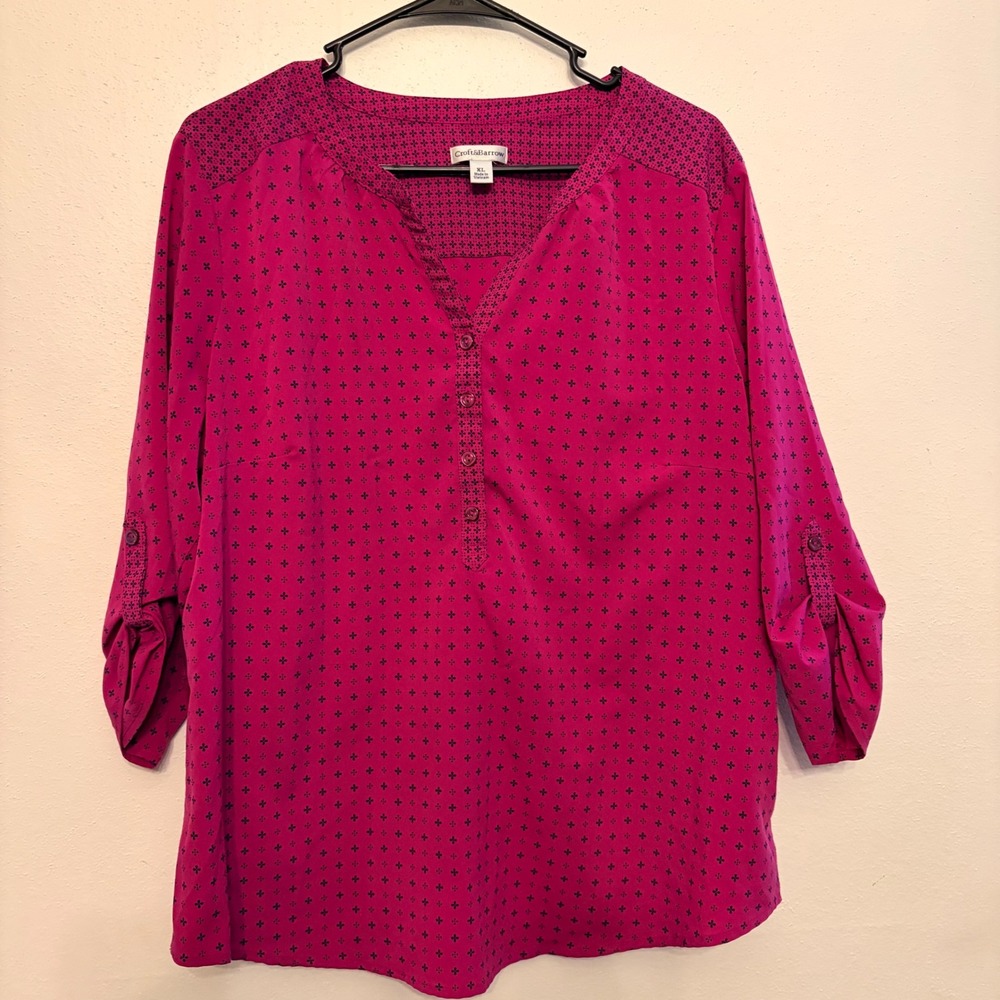 Croft & Barrow Blouse Womens XL Magenta Geometric Roll Tab Sleeve V-Neck